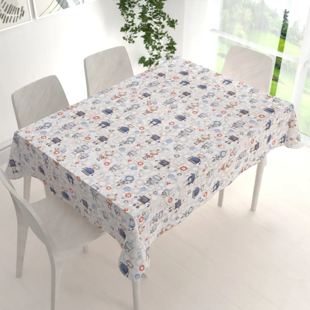 Biante Detský bavlnený obdĺžnikový obrus Sandra SA-584 Svet robotov na sivo-bielom 140x220 cm