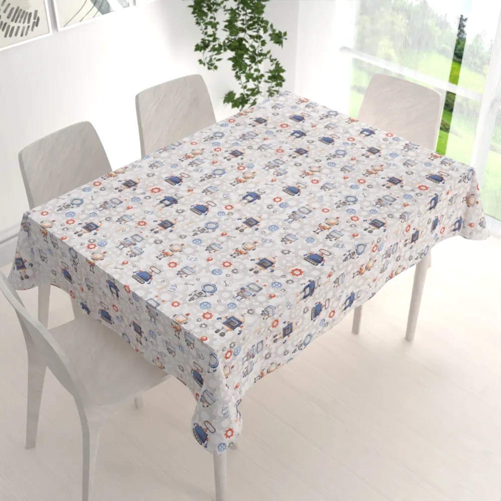Biante Detský bavlnený obdĺžnikový obrus Sandra SA-584 Svet robotov na sivo-bielom 50x100 cm