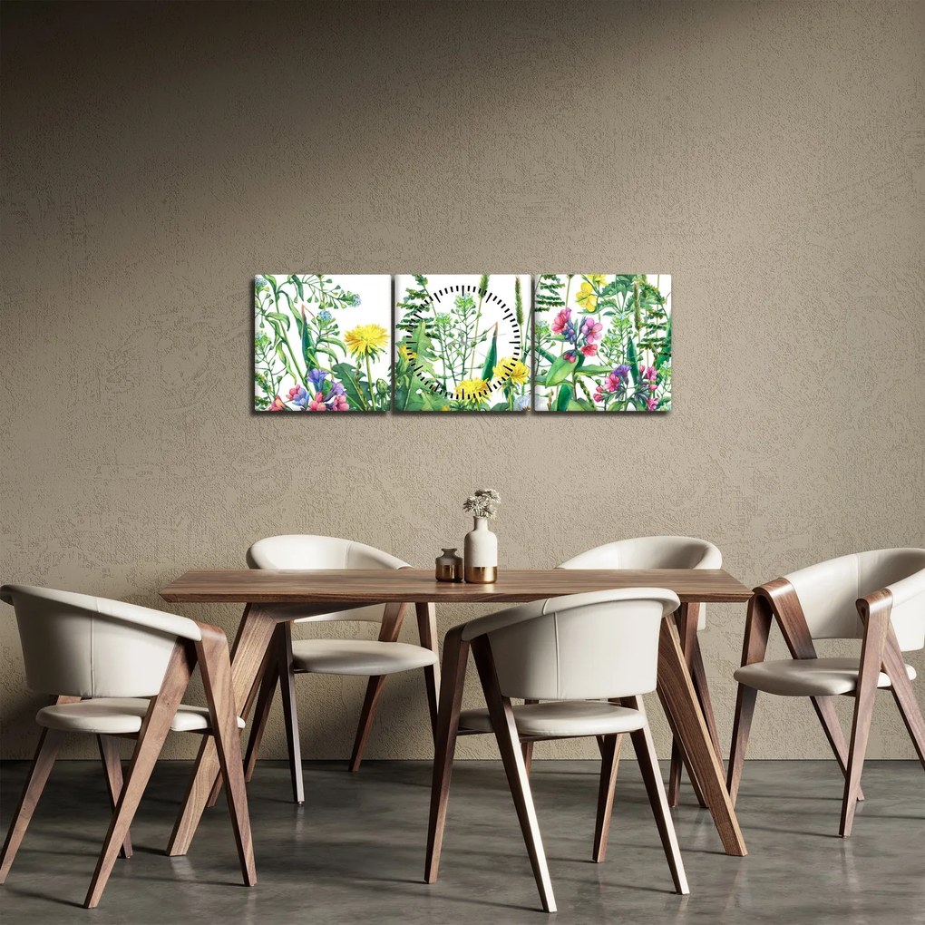 Obraz - Maľované lúčne kvety (s hodinami) (90x30 cm)