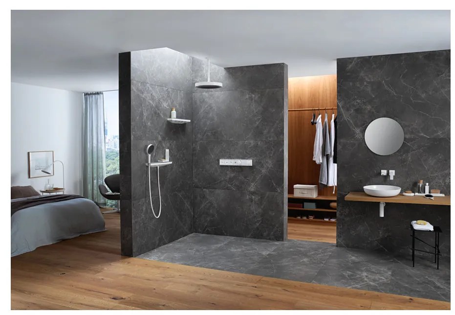 Hansgrohe Rainfinity, nástenná prípojka hadice Porter 500 a polička ĽAVÁ, matná biela, HAN-26843700