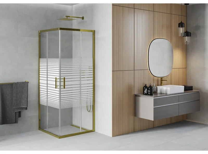 Mexen Rio, štvorcový sprchovací kút s posuvnými dverami 70(dvere) x 70(dvere) x 190 cm, 6mm číre sklo s pásikmi, zlatý profil, 860-070-070-50-20