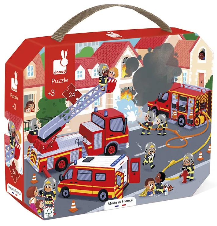 Puzzle pre deti Požiarnici Janod v kufríku 24 ks od 3 rokov