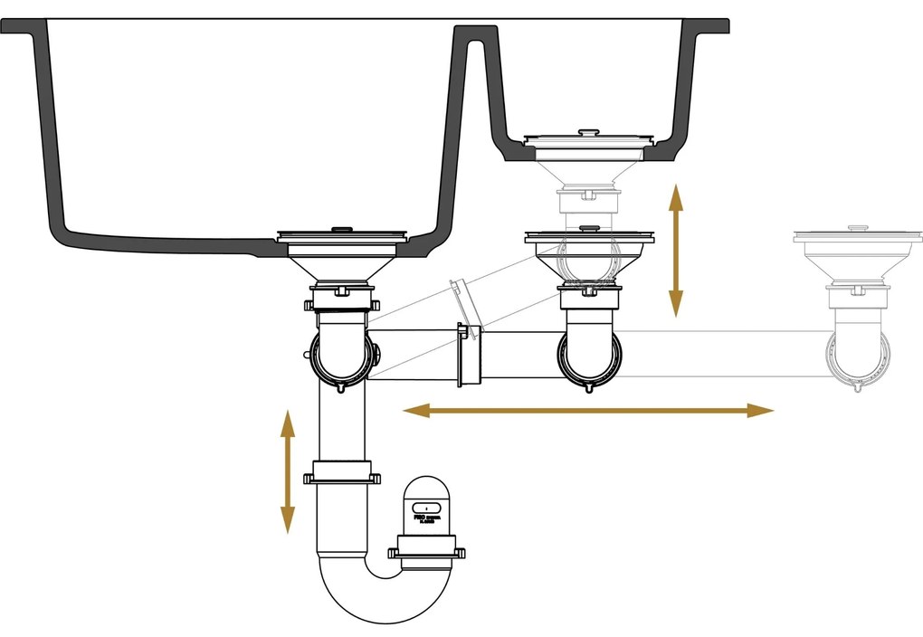 Gamma Gamma, 2-komorový manuálny sifón pre granitové drezy, zlatá lesklá, GMA-1M22GD