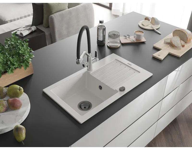 Mexen Pablo, granitový drez 752x436x161 mm, 1-komorový a drezová batéria Duo, biela, 6510-20-671701-07-B