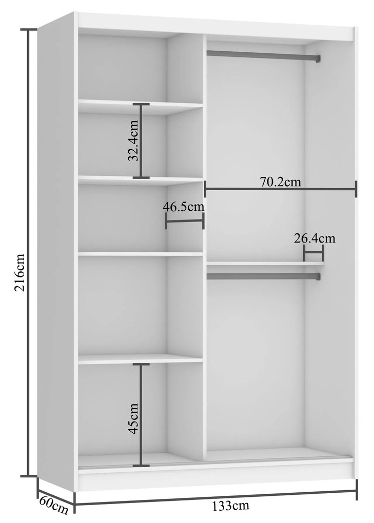 Šatníková skriňa 133 cm Belini biely mat / perleťový lesk s posunými dverami a zrkadlom MG SZP2/2/W/1L5P/HI