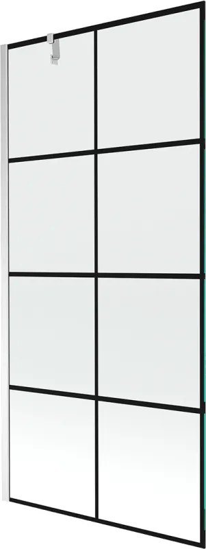 Mexen Next, vaňová zástena 1-krídlová 90 x 150 cm, fixné krídlo, 6 mm číre sklo s čiernym vzorom, chrómový profil, 895-090-000-00-77-01