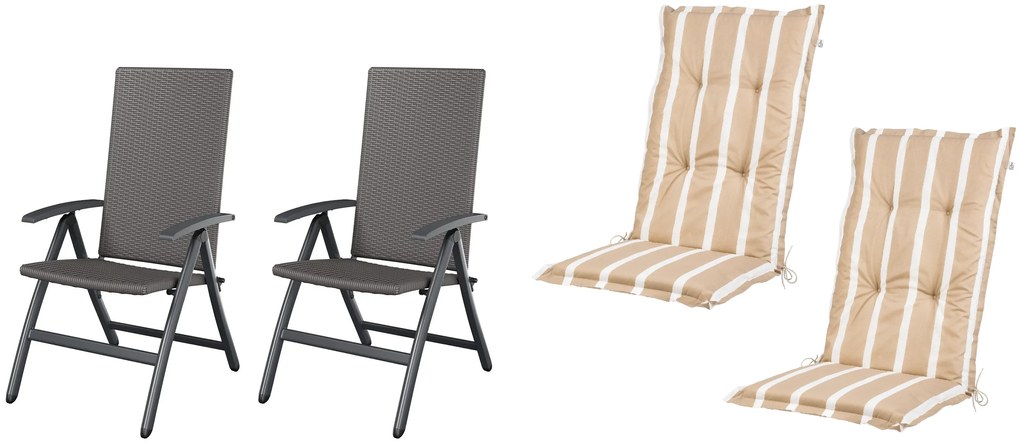 Livarno home Skladacie kreslo Valencia, 2 kusy, sivé + Podložka na kreslo s vysokým operadlom Valencia/Miami, 2 kusy, pruhy/béžová (800010729)