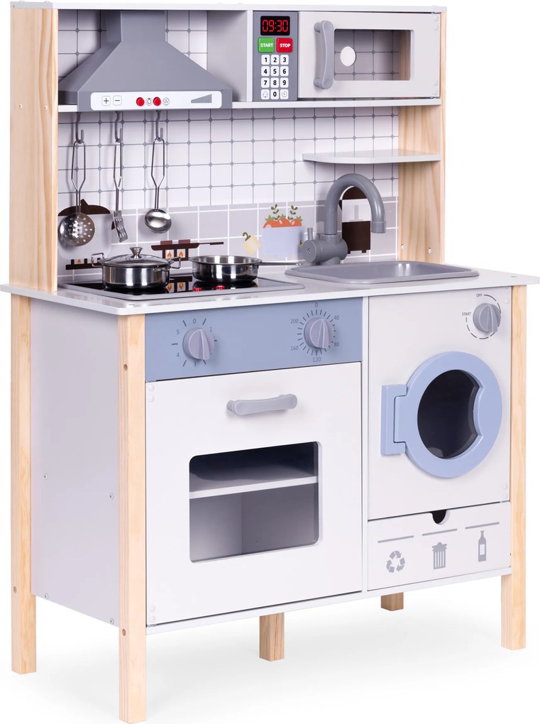 Drevená interaktívna kuchynka pre deti 3+ s LED, zvukmi, rúrou a práčkou ECOTOYS