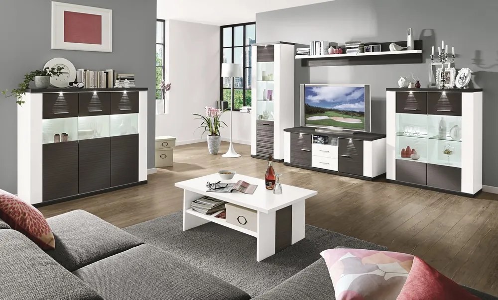 Široká vitrína Caracas typ 22, grafit/biely lesk, s osvetlením