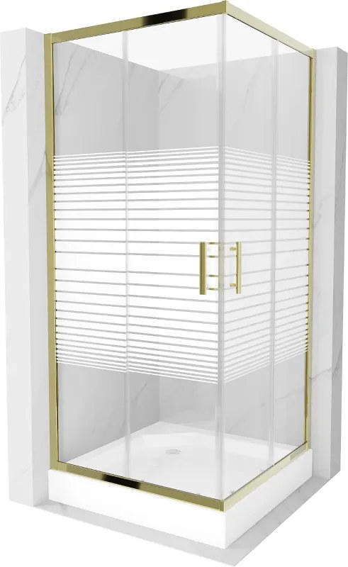 Mexen Rio, štvorcový sprchovací kút s posuvnými dverami 90(dvere) x 90(dvere) x 190 cm, 6mm číre sklo s pásikmi, zlatý profil + biela sprchová vanička RIO, 860-090-090-50-20-4510
