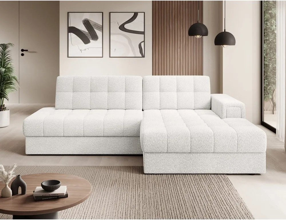 Krémovobiela rozkladacia rohová pohovka z textílie buklé (pravý roh/s leňoškou) Blezalt – ELTAP