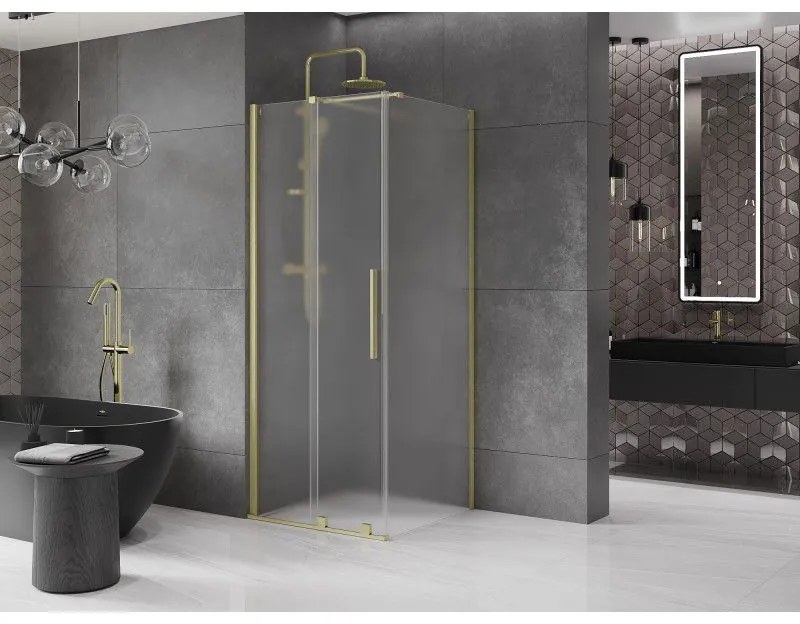 Mexen Velar, sprchový kút s posuvnými dverami 100 x 100 cm, 8mm sklo námraza, zlatá matná, 871-100-100-31-55