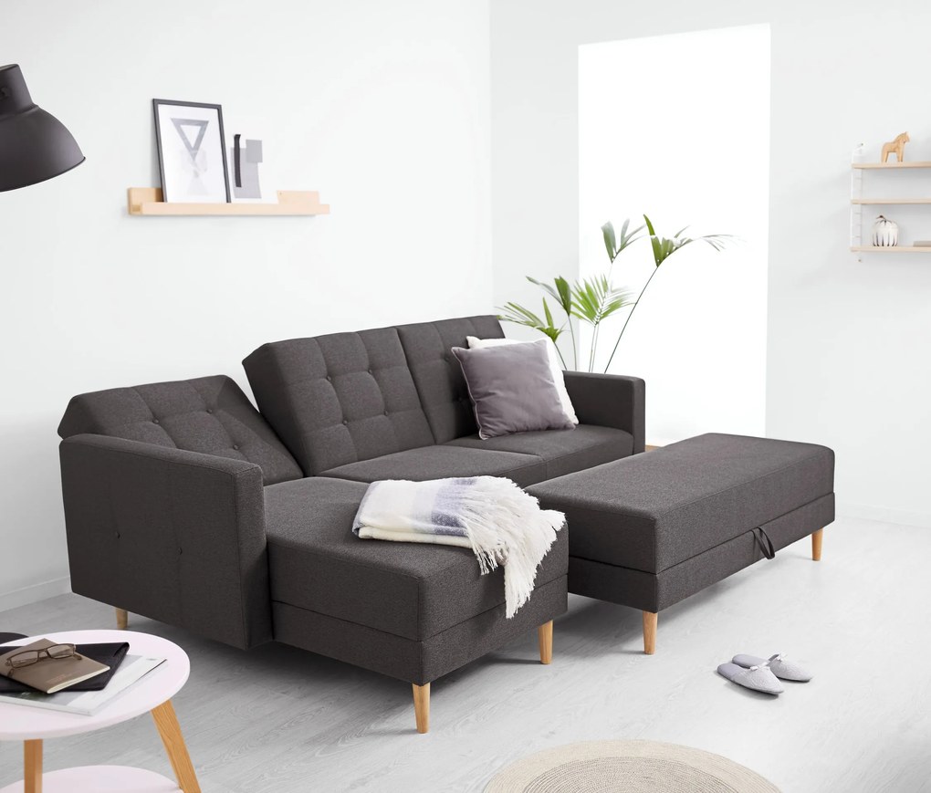 Rohová pohovka na spanie s pružinovým jadrom a lavicou s úložným priestorom