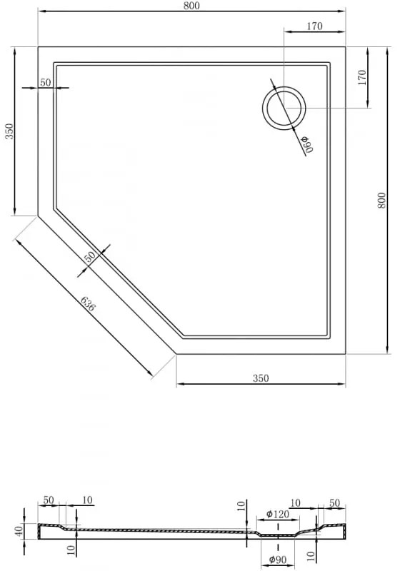 Mexen Flow, päťuholníková sprchová vanička slim 80 x 80 cm, čierna matná, 46P708080