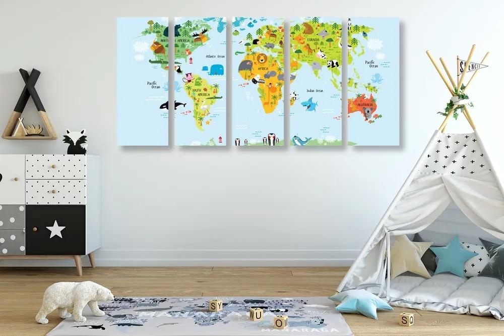 5-dielny obraz detská mapa s kreslenými zvieratkami