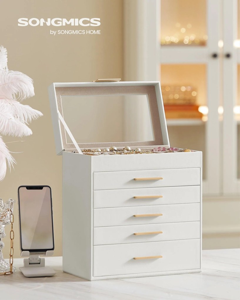 Šperkovnica s skleneným vrchnákom, 6-poschodový organizér na šperky s 5 zásuvkami, 16,3 x 25,1 x 29 cm, oblá biela