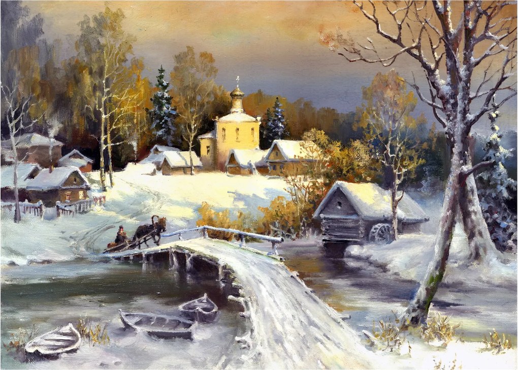 Sklenený obraz - Zimné mestečko (70x50 cm)