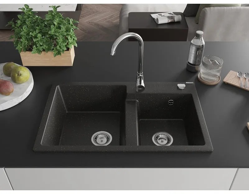 Mexen Tomas, granitový drez 800x500x190 mm, 2-komorový a chrómová batéria Telma, čierna-zlatá metalíza, 6516-75-670200-00
