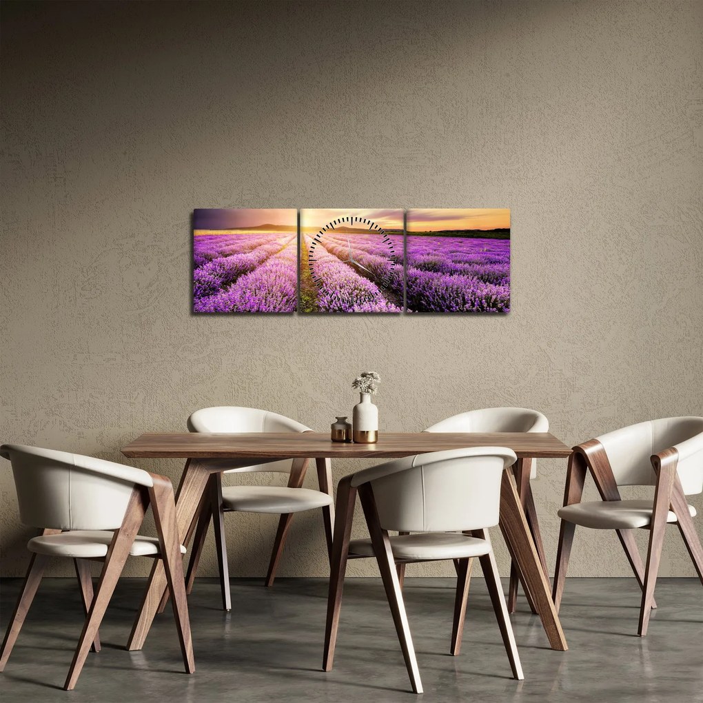 Obraz - Východ slnka v levanduľovom poli (s hodinami) (90x30 cm)