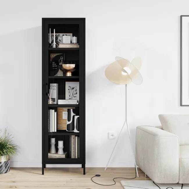 Čierna sklenená vitrína do obývačky z kovu na nožičkách LUIGI Modern 500 x 1800 x 350 mm