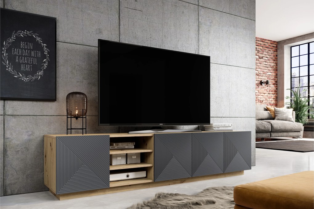 RTV skrinka Asha 200 cm s ryhovaným čelom - artisan / rivier stone mat