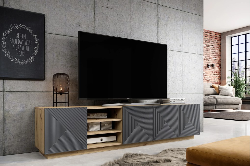 TV skrinka Asha 200 cm - dub artisan / rivier stone mat