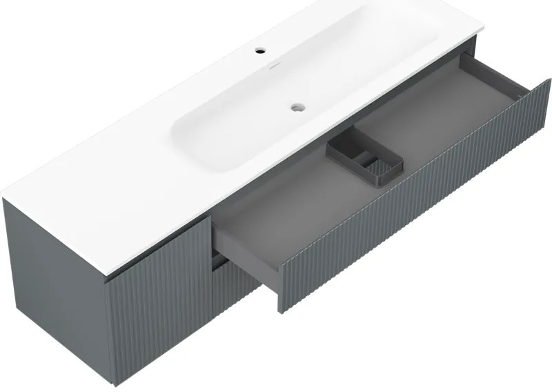 Mexen Rivel, kúpeľňová skrinka 160 cm s pravým umývadlom Vela, 2S, 1D, drážkovaná, grafitová/biela matná, 91A23-16047-3-BBFFF66-W23P01