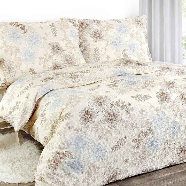 Goldea krepové posteľné obliečky - vzor 473 hnedé a modré kvety 140 x 200 a 70 x 90 cm
