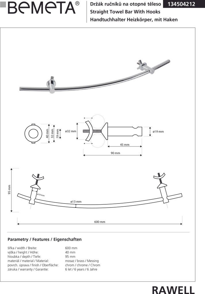 Bemeta Design RAWELL: Držiak uterákov na vykurovacie teleso, 600 mm, lesk - 134504212