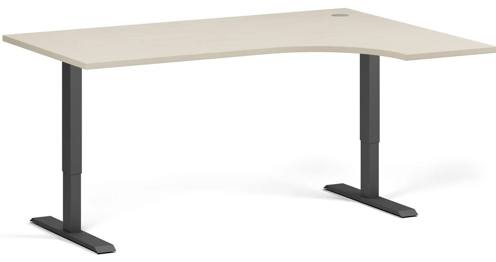 Rohový výškovo nastaviteľný stôl, 160x120 cm, 1 motor, L/P, čierna podnož, breza