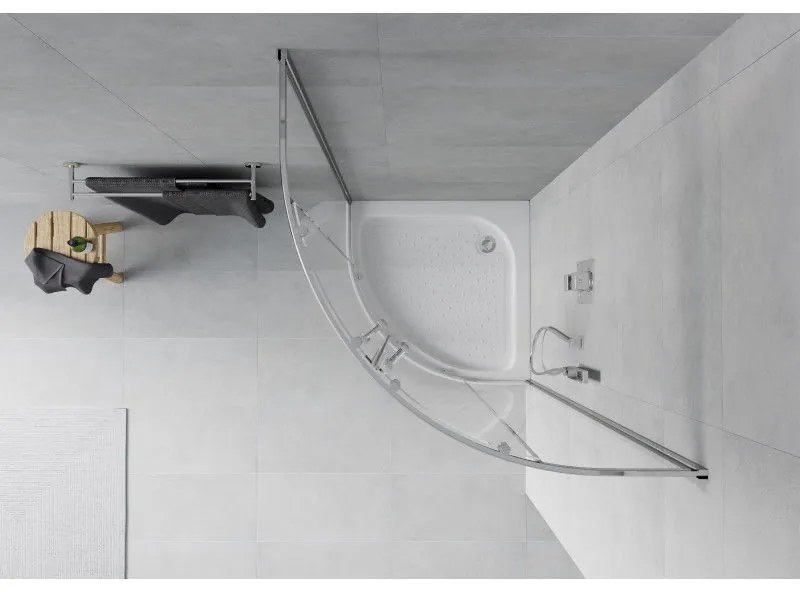Mexen Rio, štvrťkruhový sprchovací kút s posuvnými dverami 90 x 90 cm, 6mm číre sklo, chrómový profil + biela vysoká sprchová vanička Rio, 863-090-090-01-00-4710