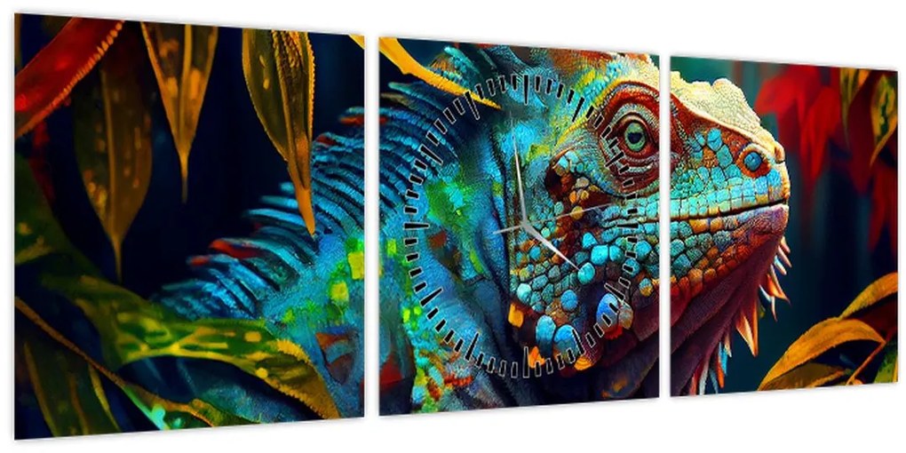 Obraz - Farebný leguán (s hodinami) (90x30 cm)
