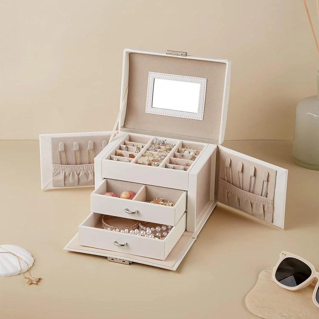 Šperkovnica, 3-úrovňová s 2 zásuvkami a s cestovným puzdrom, biela