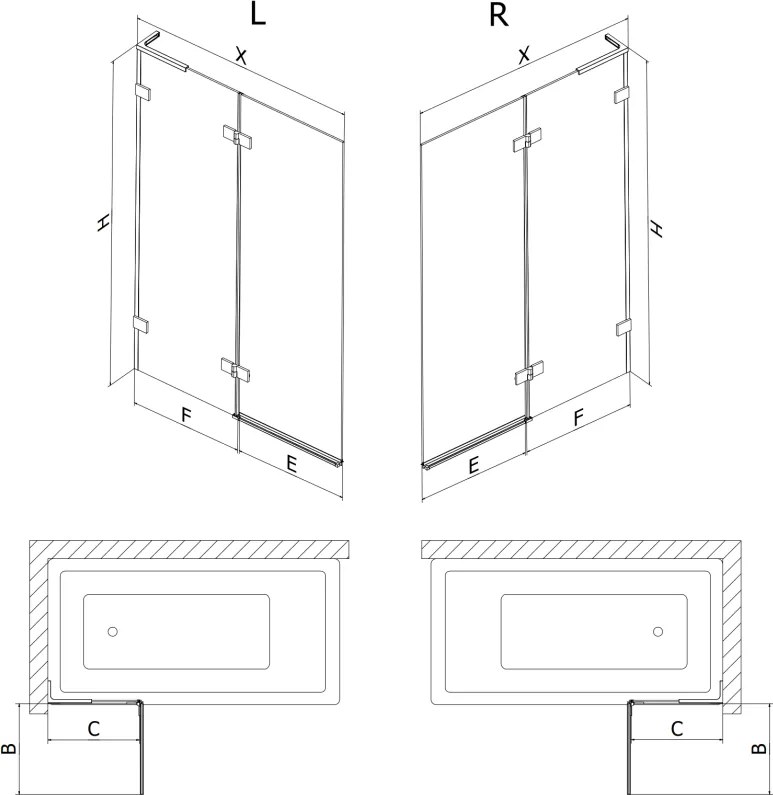 Mexen Lunar L, 2-krídlová vaňová zástena ľavá 80 x 150 cm, číre sklo, chrómová, 897L-080-100-01-00-L