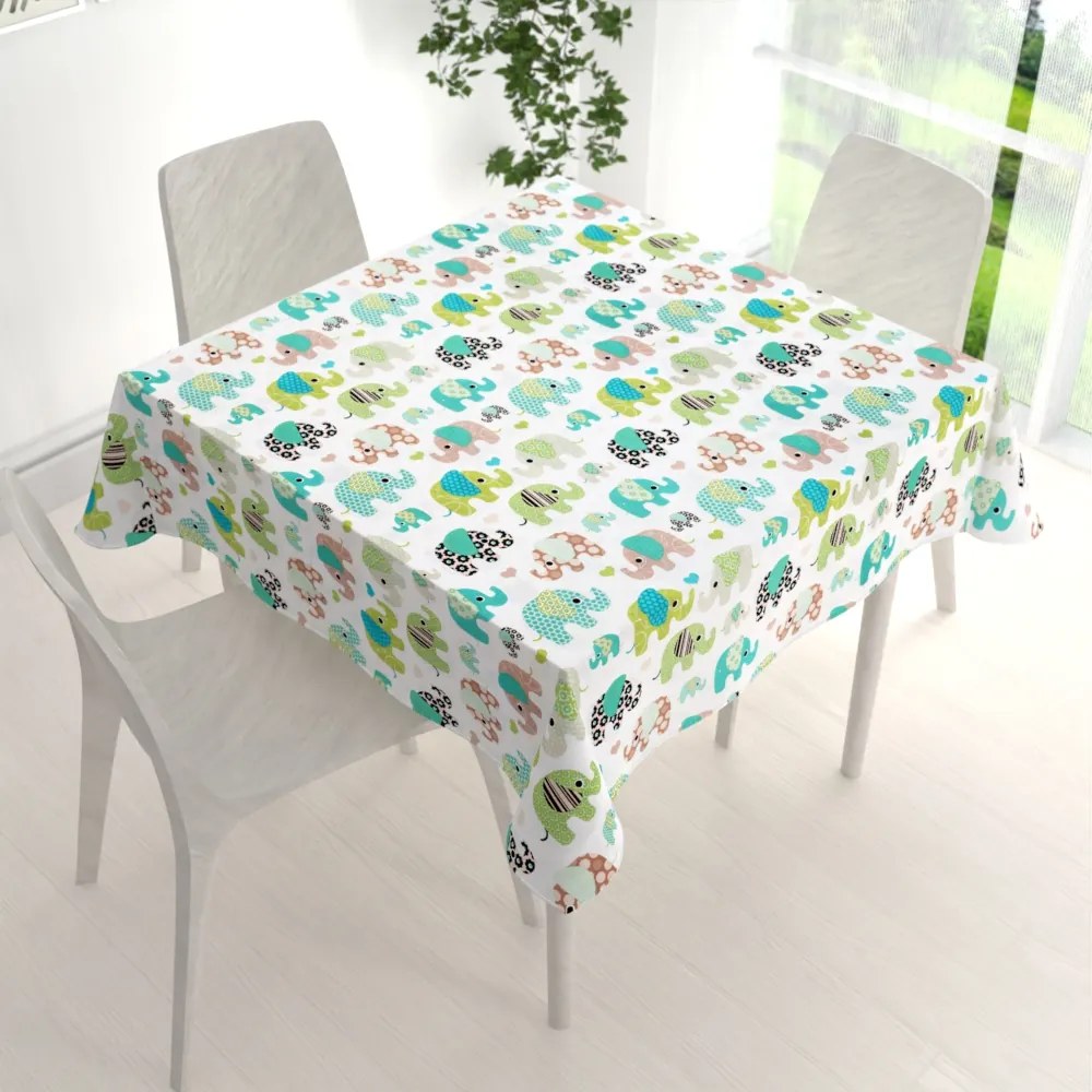 Biante Detský bavlnený štvorcový obrus Sandra SA-035 Zelené sloníky na bielom 140x140 cm