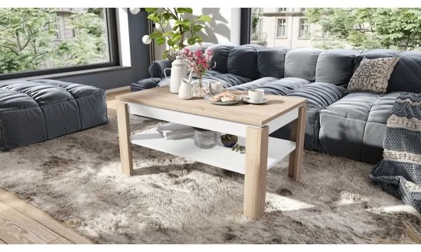 Rozkladací konferenčný stôl so zvíhacou doskou a poličkou ADEN dub sonoma/biela