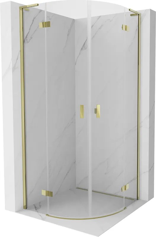 Mexen Mist L, štvrťkruhový sprchový kút s 2-krídlovými dverami, 90 x 90 cm, číre sklo, zlatý lesklý profil, 8A33L-090-090-50-00