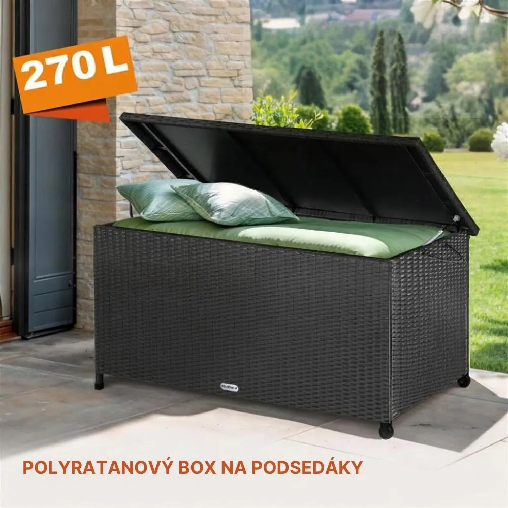 Polyratanový úložný box RICCO, 270L, 117x53x60cm, čierna Casaria