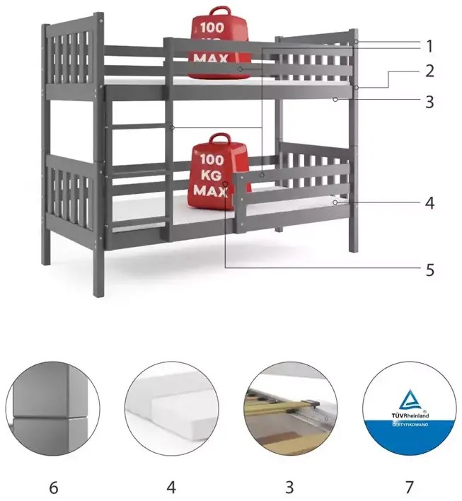 Poschodová posteľ CARINO GRAFIT 90x200 bez úložného priestoru