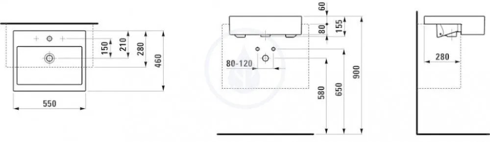 LAUFEN Living Polozápustné umývadlo, 550 mm x 460 mm, biela – s 3 otvormi na batériu H8134320001081