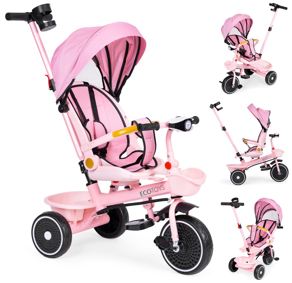 Trojkolka 2v1 otočné sedadlo a skladacia strieška ružová - ECOTOYS