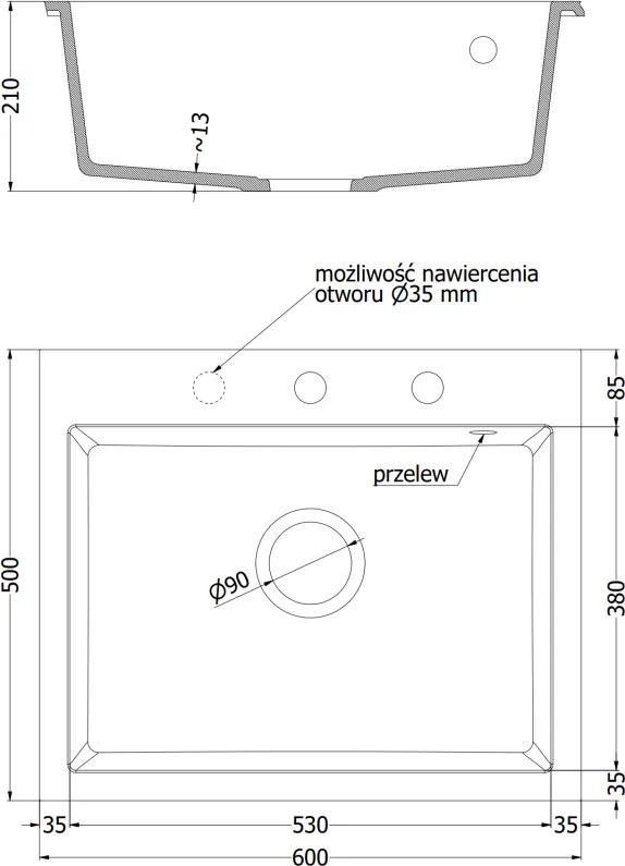 Mexen Elix, 1-komorový granitový drez 600 x 500 mm, sivý, čierny sifón - 6525601005-71-B