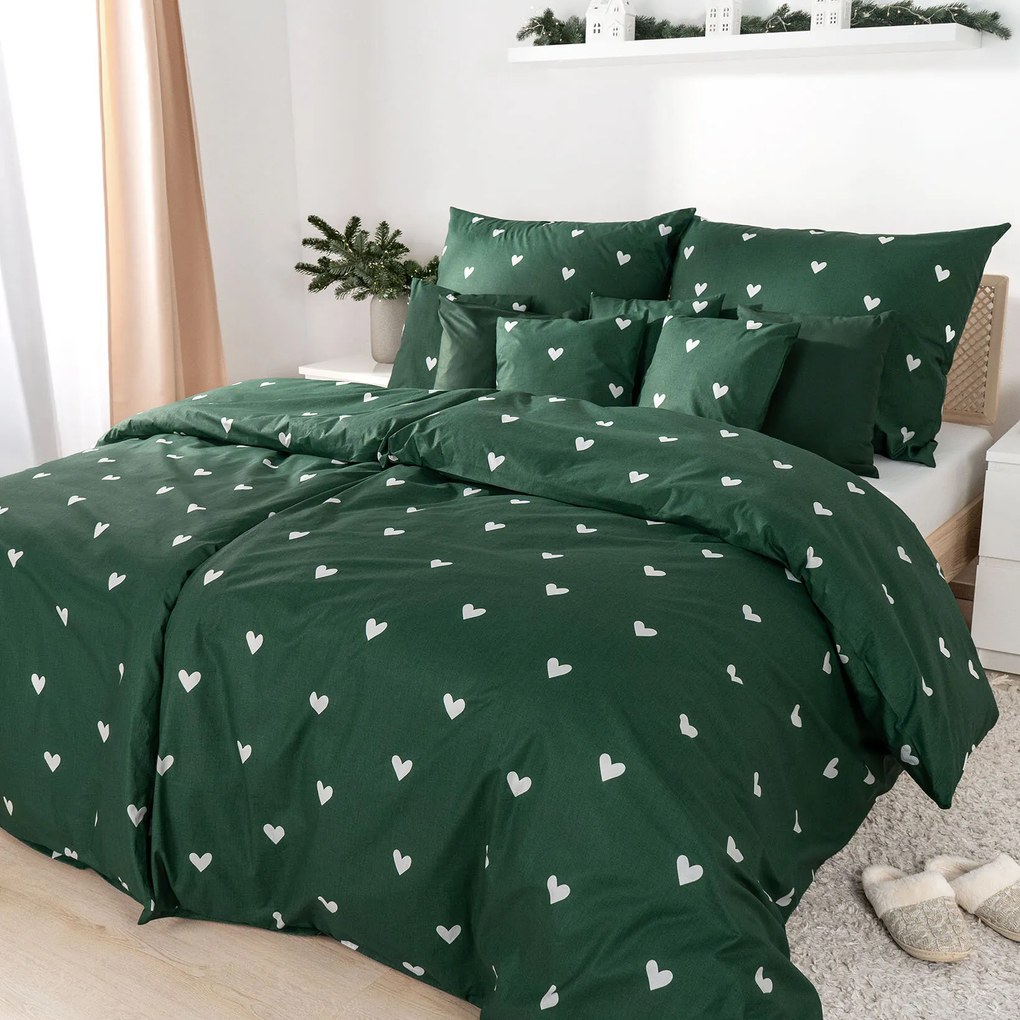 Goldea vianočné bavlnené posteľné obliečky - srdiečka na tmavo zelenom 140 x 220 a 70 x 90 cm