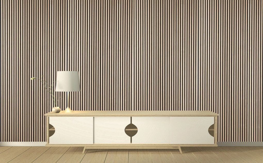 Drevený akustický panel, 2400 x 600 mm, čierny podklad, dub morený