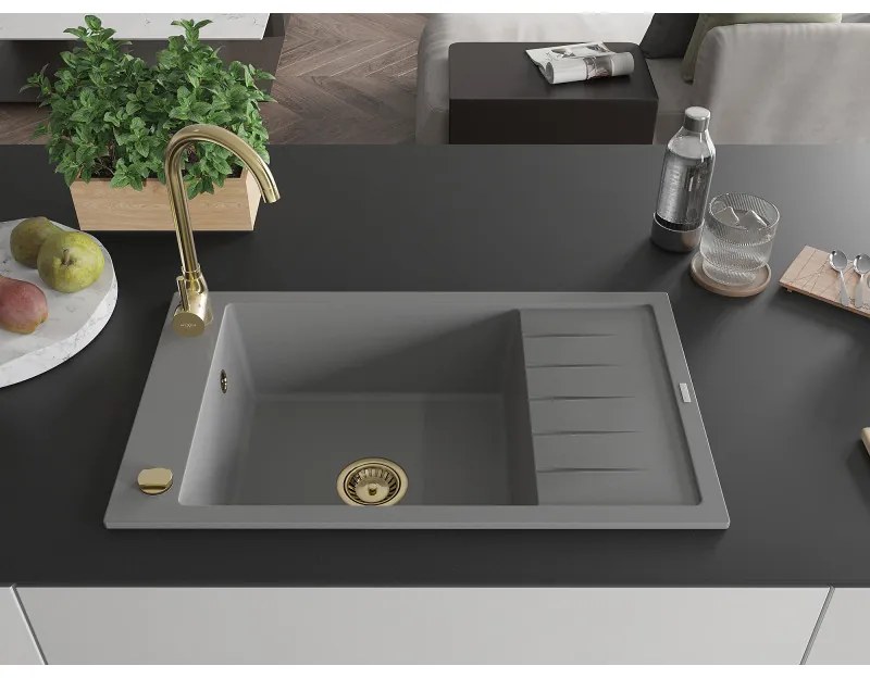 Mexen Elias, granitový drez granitový 795x480x200 mm, 1-komorový, šedá so zlatým sifónom, 6511791005-71-G