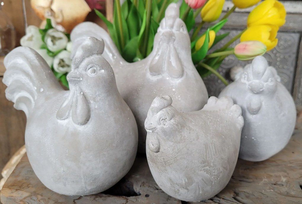 2 ks šedá antik dekoratívna soška sliepočka a kohútik - 17*11*16 cm