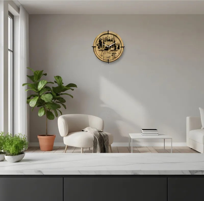 Drevené nástenné hodiny Lesná chatka pri jazere | SENTOP HDF0585-GOLD-OAK