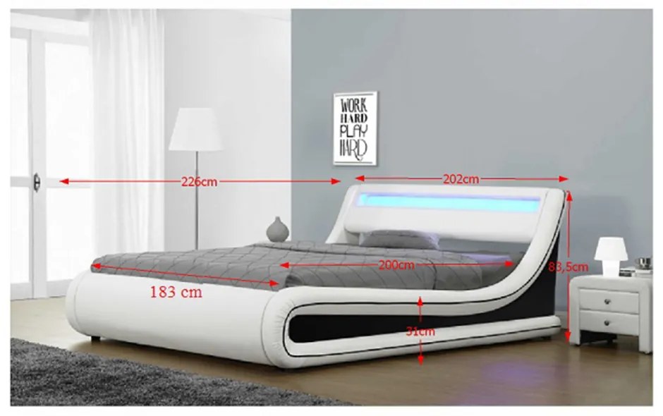 Tempo Kondela Manželská posteľ s RGB LED osvetlením, biela/čierna, 180x200, MANILA NEW