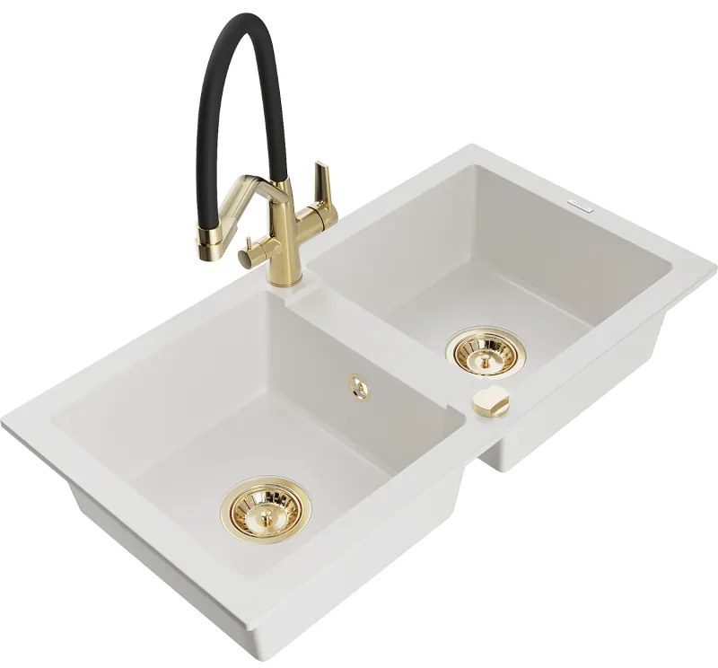 Mexen Mario, granitový drez 820x436x161 mm, 2-komorový a drezová batéria Duo, biela, 6504-20-671701-57-G