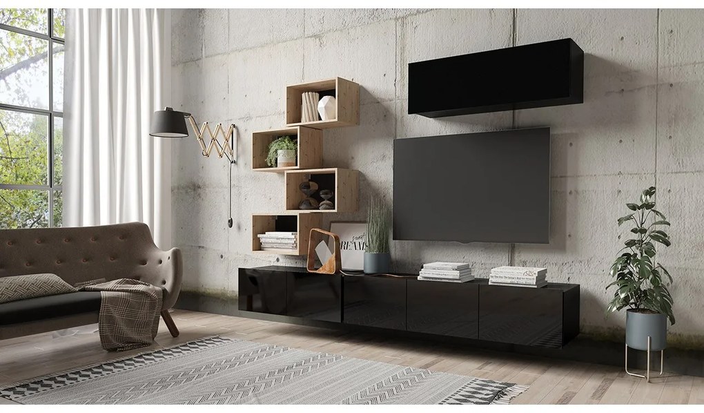 Obývacia stena Bralani XXIX, Farby: biela / biely lesk + dub zlatý